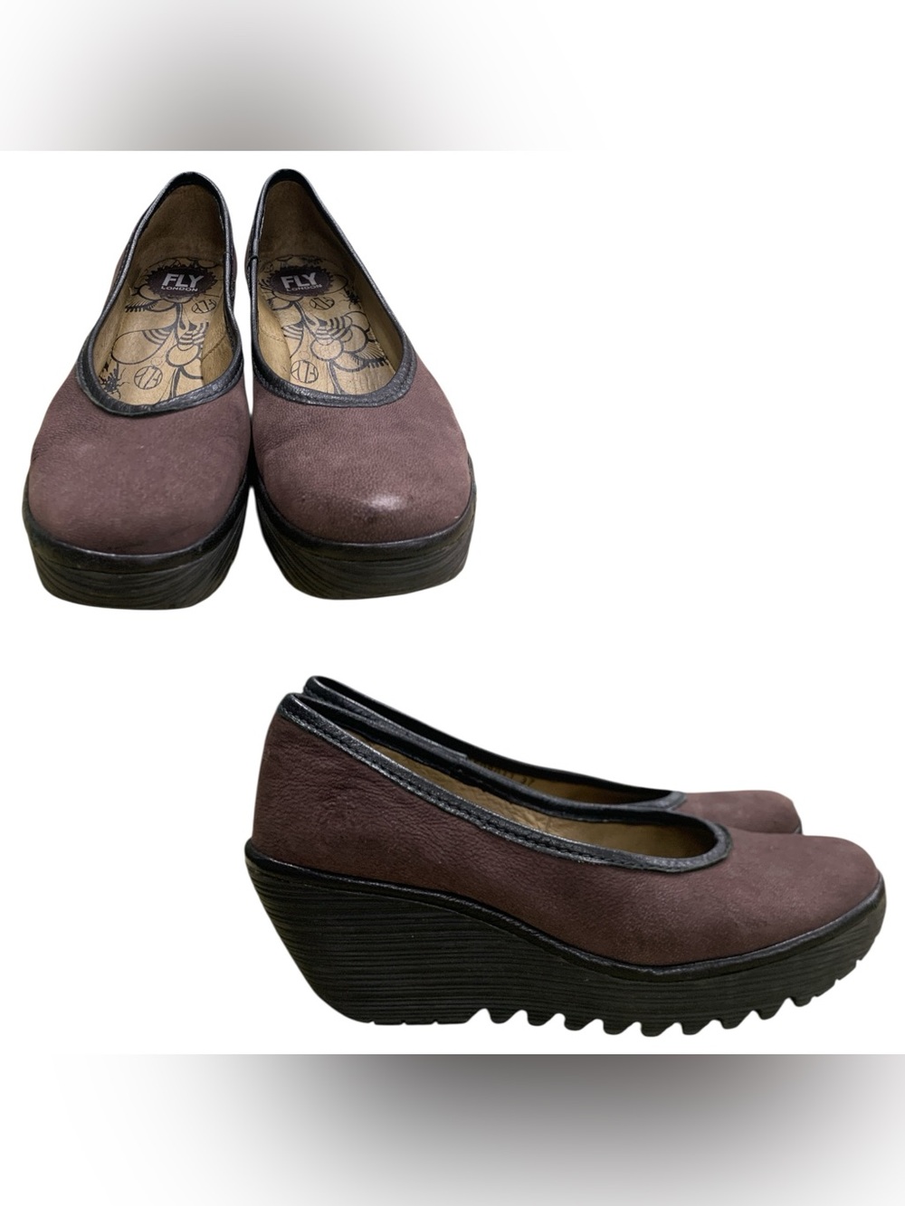 Fly London Mauve Suede Wedge Pumps with Black Trim S7